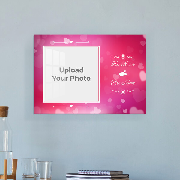 Custom Pink Colour Background with Heart Symbols Design: Landscape Acrylic Photo Frame with Image Printing – PrintShoppy Photo Frames
