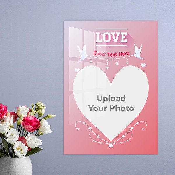Custom Pic Upload in Heart Symbol with Love Birds Design: Portrait Acrylic Photo Frame with Image Printing – PrintShoppy Photo Frames