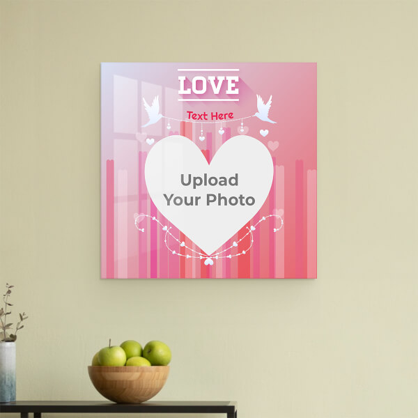 Custom Pic Upload in Heart Symbol with Love Birds Design: Square Acrylic Photo Frame with Image Printing – PrintShoppy Photo Frames
