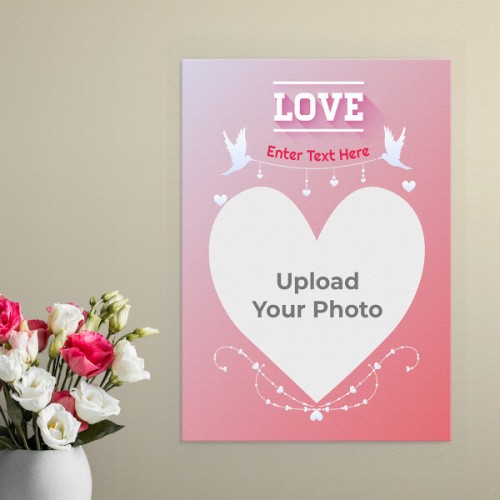 Pic Upload in Heart Symbol with Love Birds Design Portrait Aluminium Photo Frame with Image