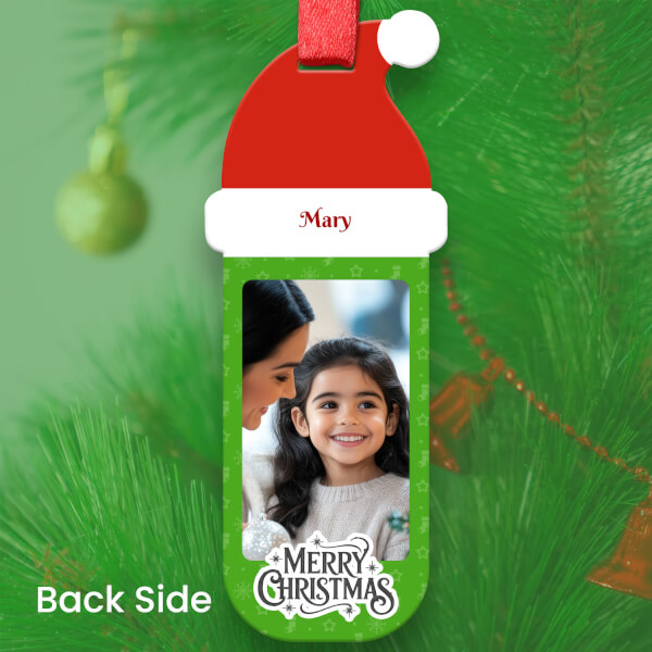 Custom Red Green Santa Hat Acrylic Tag Ornament - alternate view