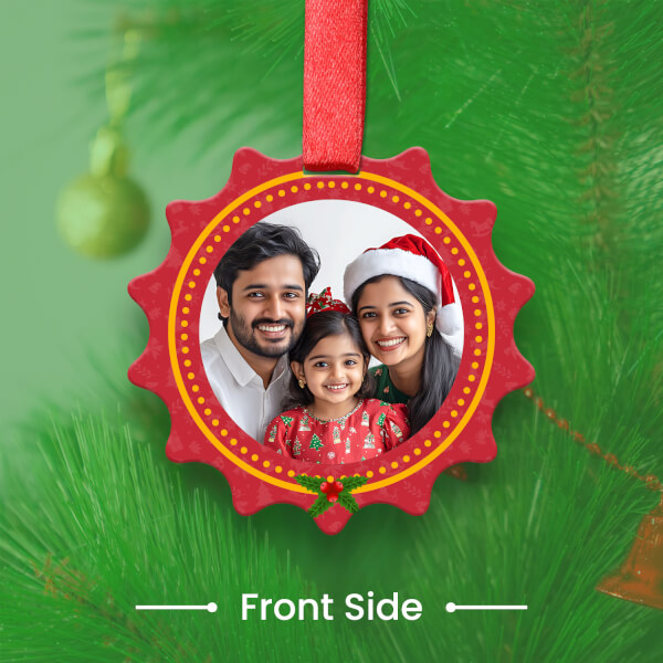 Custom Red Scalloped Circle Acrylic Holly Frame Ornament