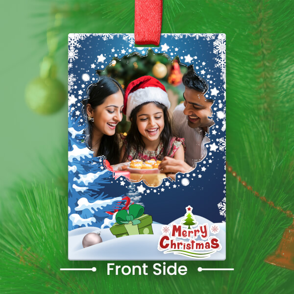 Custom Deep Blue Rectangle Acrylic Snowy Winter Ornament