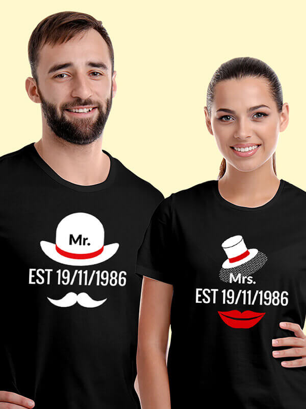 Custom Mr. And Mrs. Couples T Shirt With Date Black Color