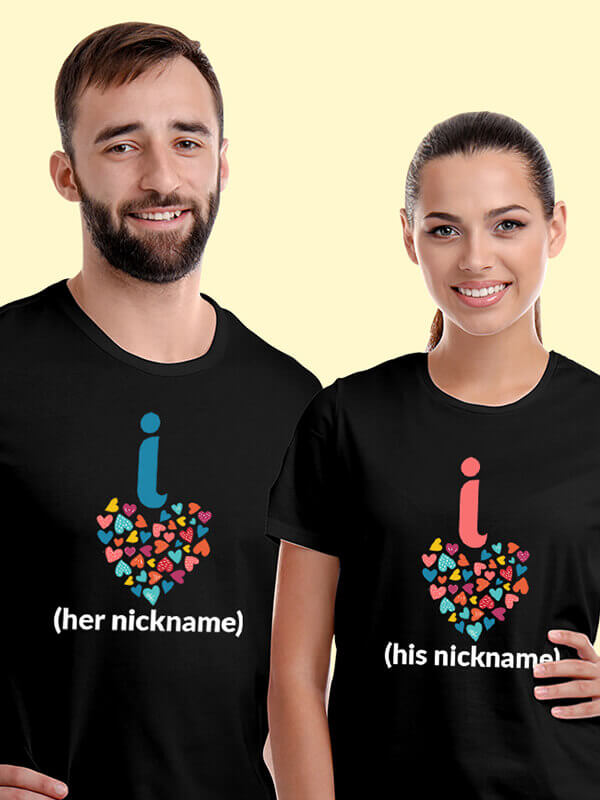 Custom Cute Nickname Multicolor Love Symbols Couples T Shirt Black Color