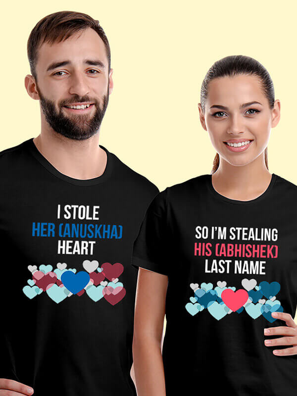 Custom I Stole Her Heart So Im Stealing Last Name Couples T Shirt Black Color