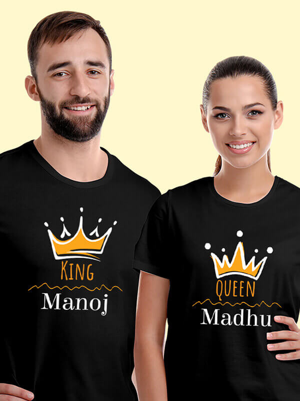Custom Queen and King with Couple Name On Black Color Customized Couple Tshirt