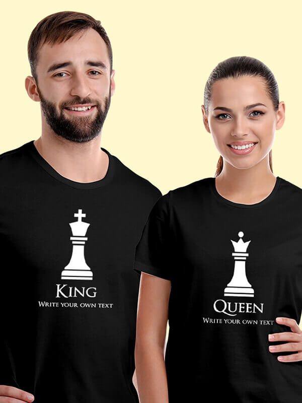 Custom King and Queen Chess Theme On Black Color Couple T-shirts For Men & Women