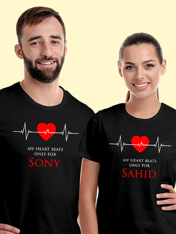Custom Heart Beat Theme On Black Color Personalized Couple Tshirt