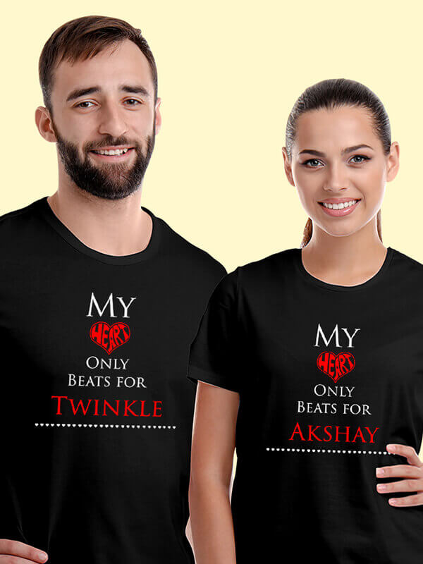 Custom My Heart Beat Theme On Black Color Couple T-shirts For Men & Women