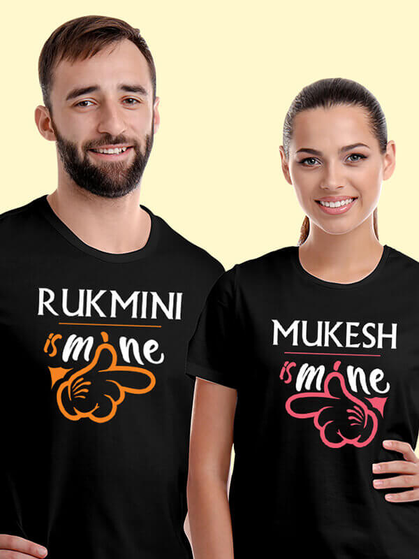 Custom He is Mine and She is Mine On Black Color Customized Couple T-Shirt