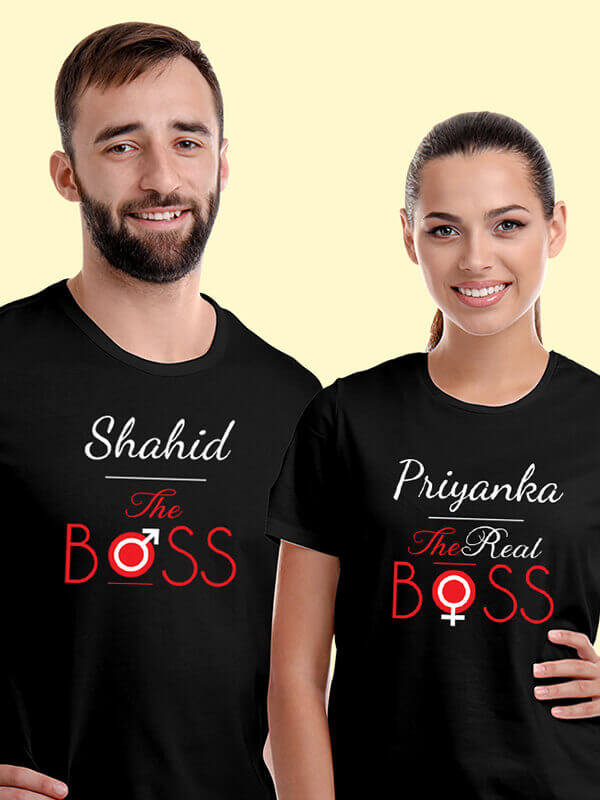 Custom The Boss and The Real Boss On Black Color Couple T-shirts For Men & Women