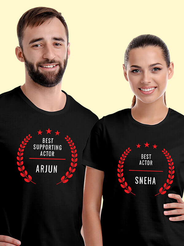 Custom Best Actor and Best Supporting Actor with Names On Black Color Personalized Couple T-Shirt