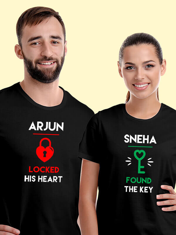 Custom Lock and Key with Names On Black Color Couple T-shirts For Men & Women
