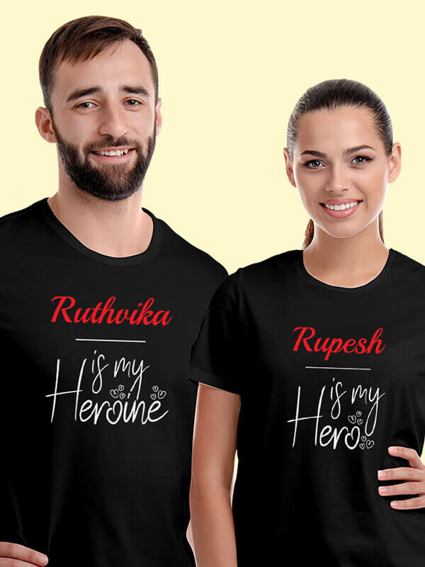 Custom He is My Hero, She is My Heroine with Names On Black Color Couple T-shirts For Men & Women