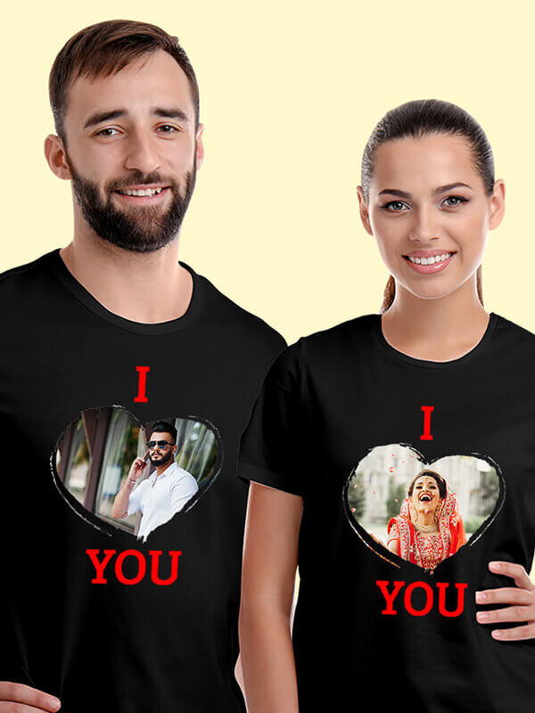 Custom I Love You with Your Image On Black Color Couple T-shirts For Men & Women