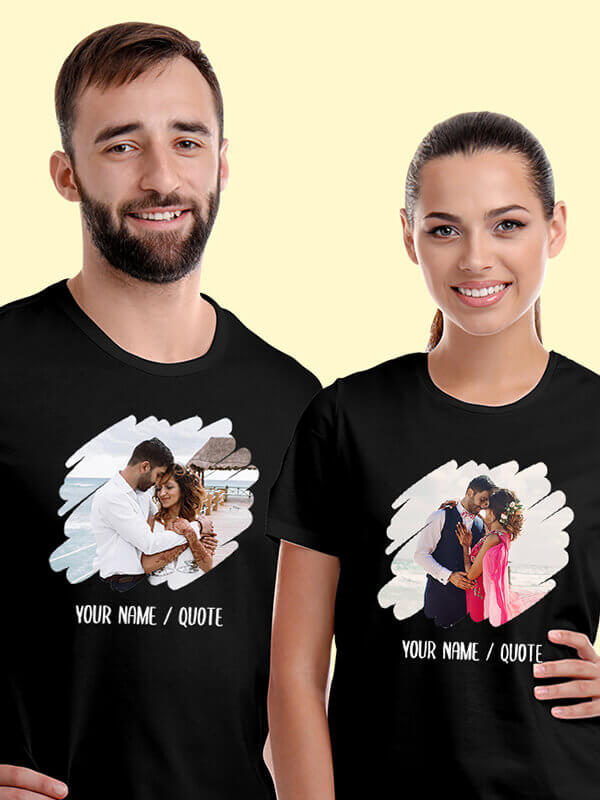 Custom Your Photo with Text On Black Color Customized Couple T-Shirt