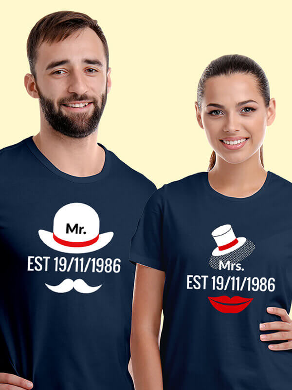Custom Mr. And Mrs. Couples T Shirt With Date Navy Blue Color