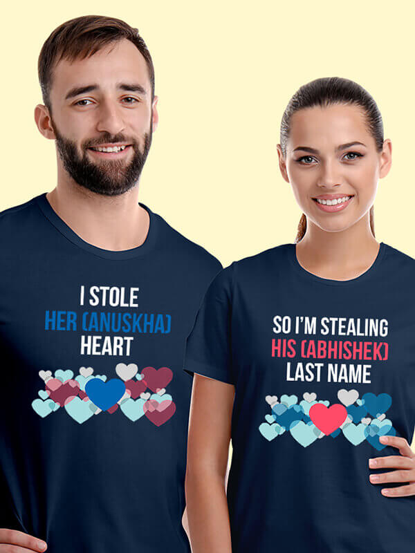 Custom I Stole Her Heart So Im Stealing Last Name Couples T Shirt Navy Blue Color