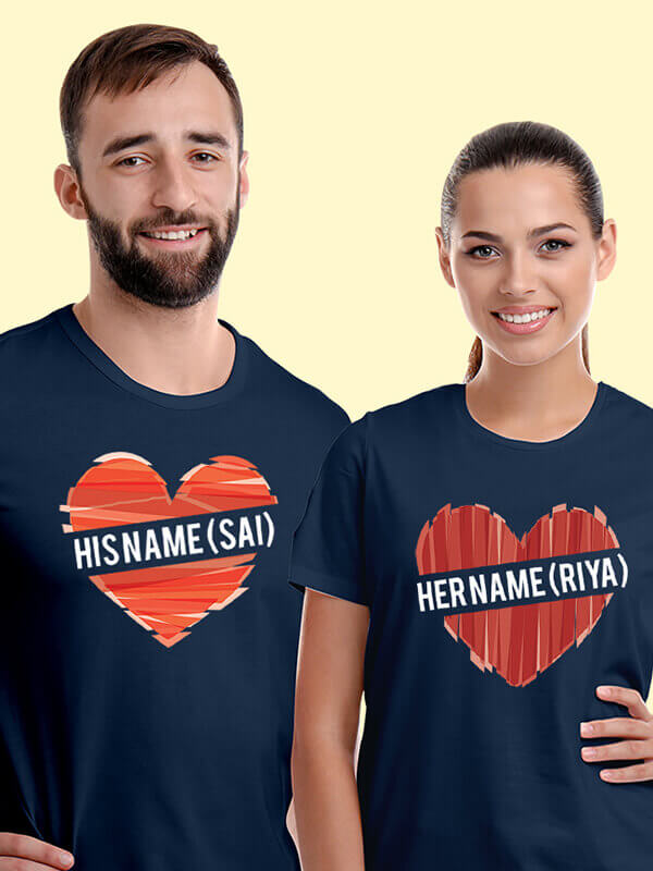 Custom His And Her Name Love Shape Couples T Shirt Navy Blue Color