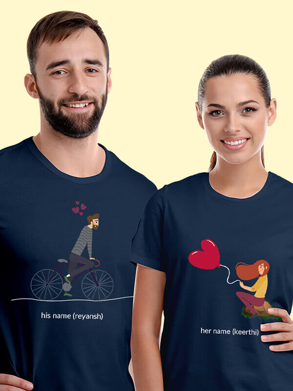 Custom Romantic Love Her And His Name Couples T Shirt Navy Blue Color