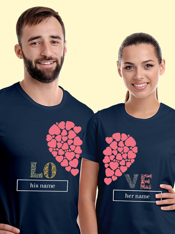 Custom Half Heart Shaped Valentine Couples T Shirt Navy Blue Color