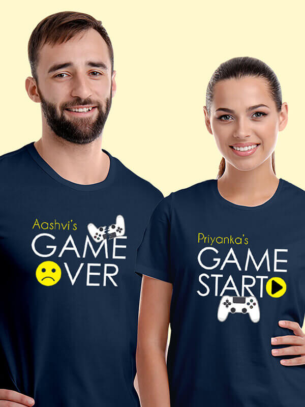 Custom Game Start Game Over Theme with Name On Navy Blue Color Customized Couple T-Shirt