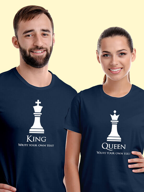Custom King and Queen Chess Theme On Navy Blue Color Couple T-shirts For Men & Women