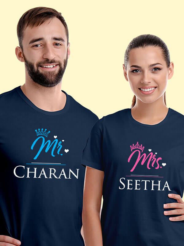 Custom Mr and Mrs with Names On Navy Blue Color Personalized Couple Tees