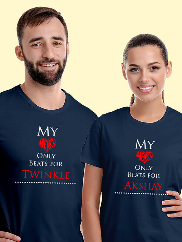 Custom My Heart Beat Theme On Navy Blue Color Couple T-shirts For Men & Women