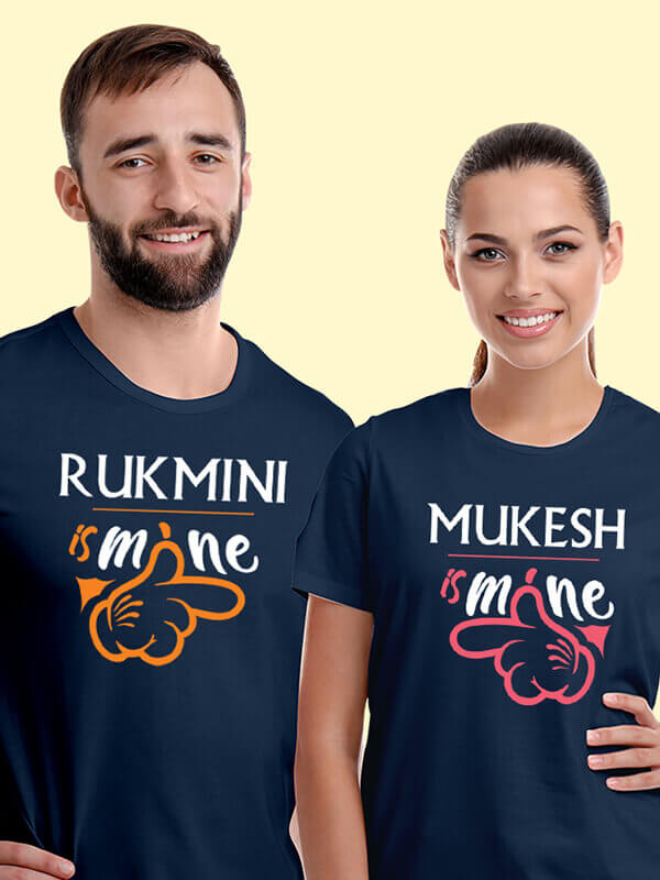 Custom He is Mine and She is Mine On Navy Blue Color Customized Couple T-Shirt