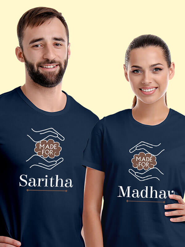Custom Made for with Names On Navy Blue Color Customized Couple Tshirt
