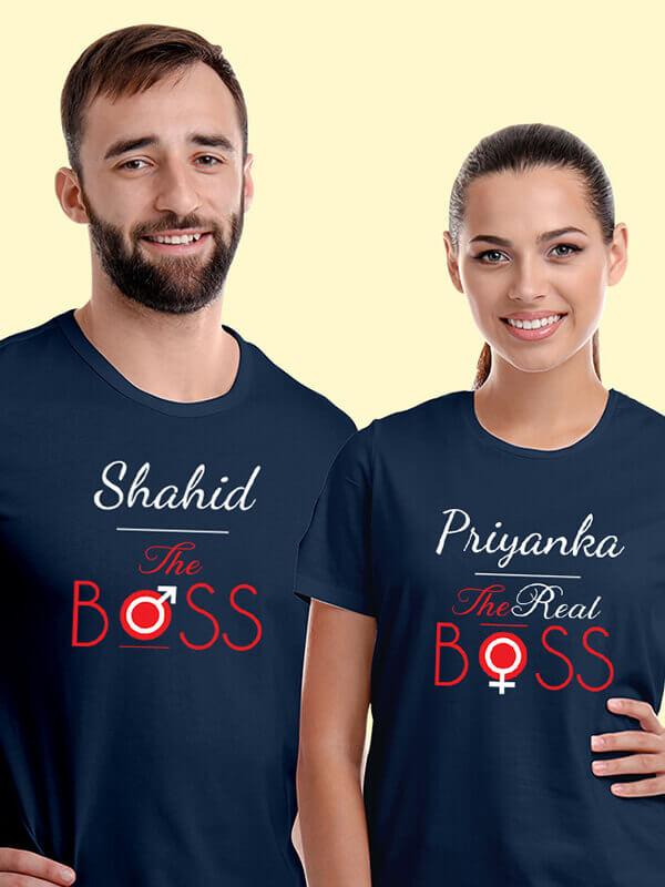 Custom The Boss and The Real Boss On Navy Blue Color Couple T-shirts For Men & Women
