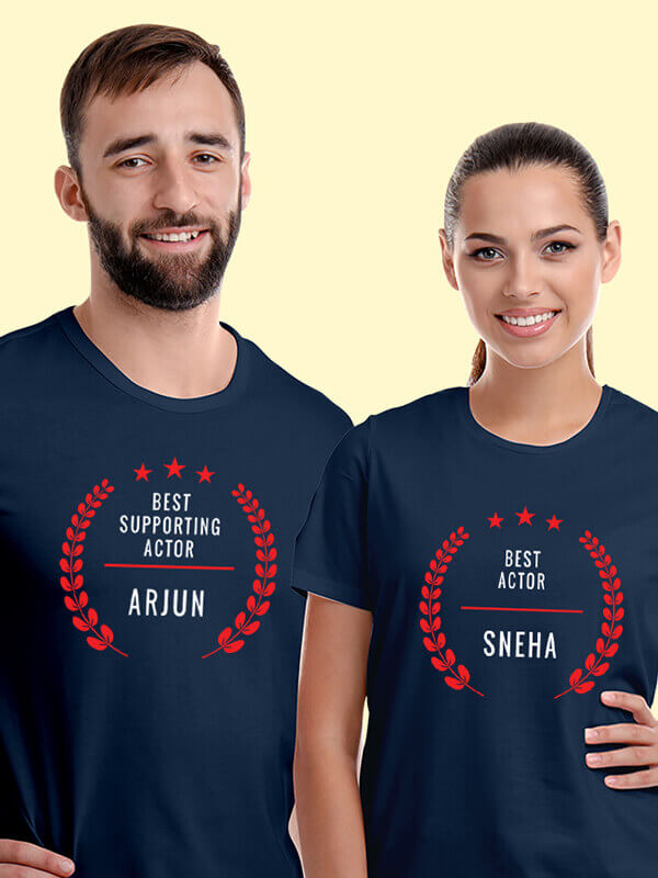 Custom Best Actor and Best Supporting Actor with Names On Navy Blue Color Personalized Couple T-Shirt