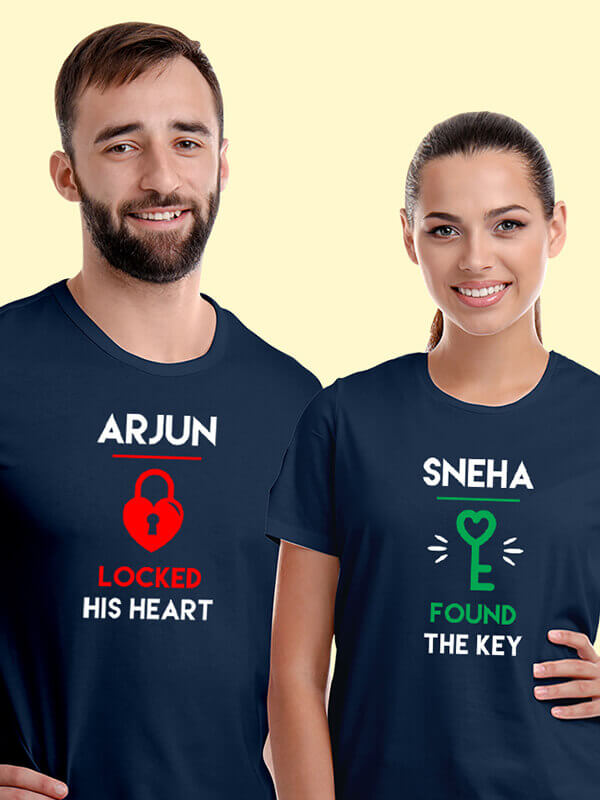 Custom Lock and Key with Names On Navy Blue Color Couple T-shirts For Men & Women