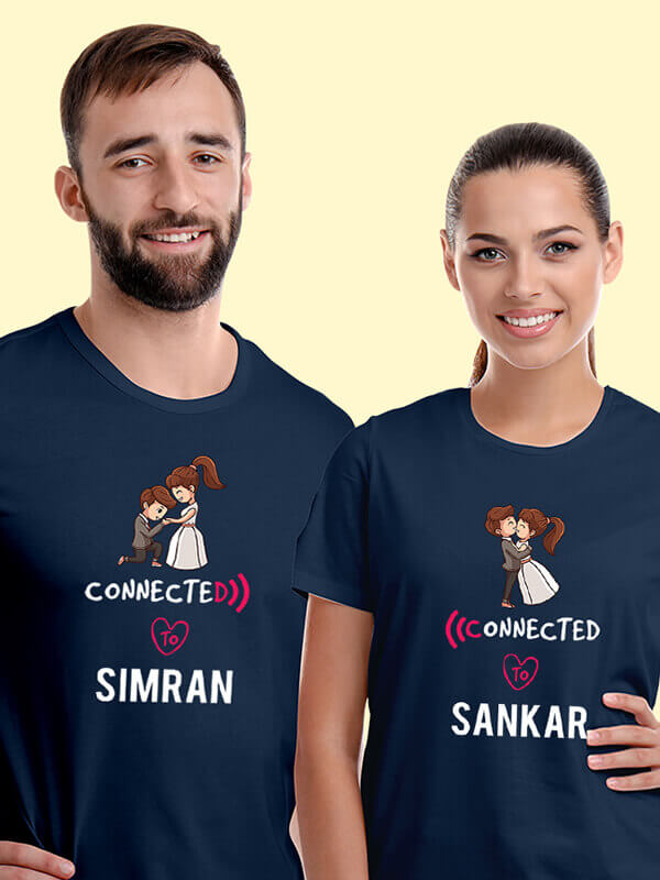 Custom Connected to with Names On Navy Blue Color Customized Couple T-Shirt