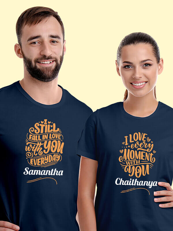 Custom I Love Every Moment with You, I Still Fall in Love with You Everyday On Navy Blue Color Customized Couple Tshirt