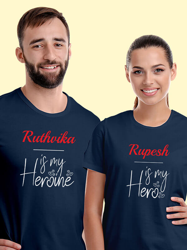 Custom He is My Hero, She is My Heroine with Names On Navy Blue Color Couple T-shirts For Men & Women