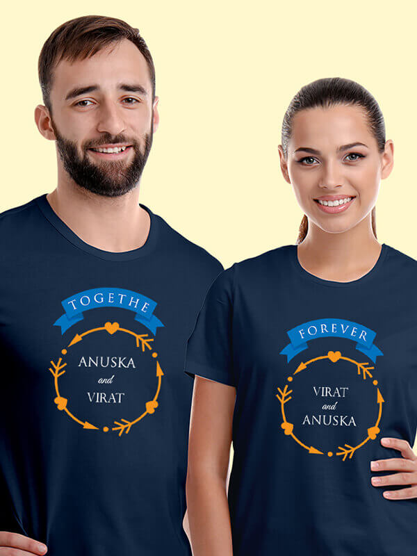 Custom Yellow Love Arrows Forever and Together with Names On Navy Blue Color Personalized Couple Tshirt