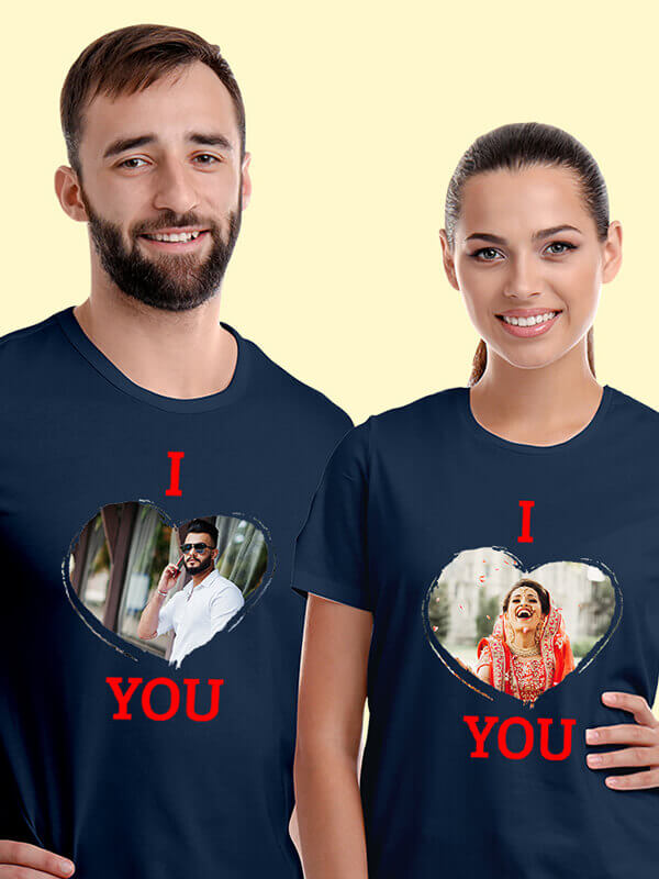 Custom I Love You with Your Image On Navy Blue Color Couple T-shirts For Men & Women