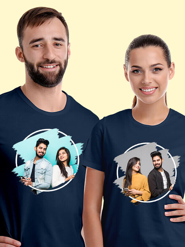 Custom Your Image On Navy Blue Color Customized Couple Tshirt
