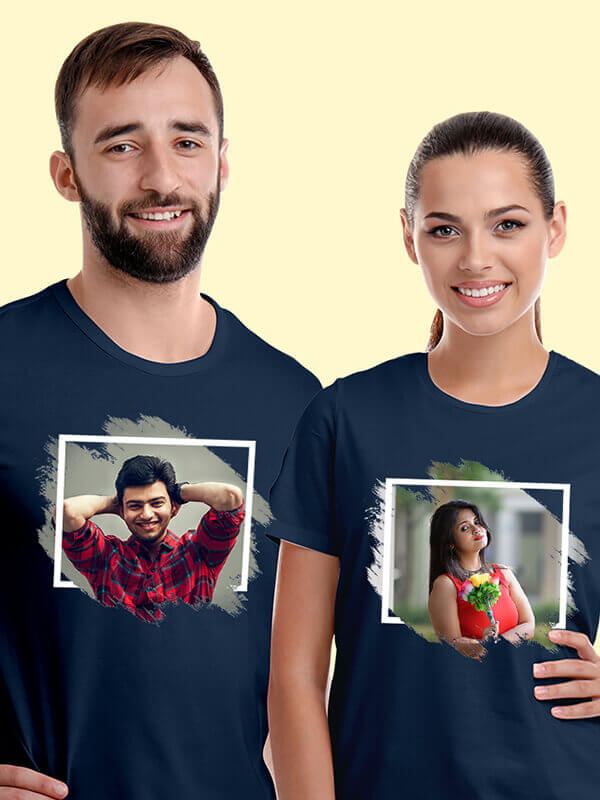 Custom Your Photo Print On Navy Blue Color Personalized Couple Tees
