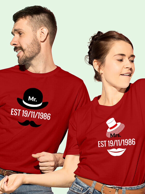 Custom Mr. And Mrs. Couples T Shirt With Date Red Color