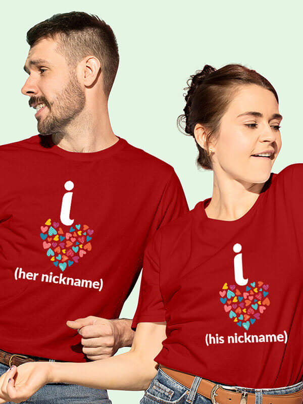 Custom Cute Nickname Multicolor Love Symbols Couples T Shirt Red Color