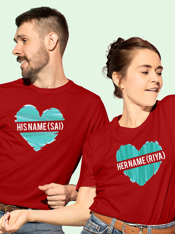 Custom His And Her Name Love Shape Couples T Shirt Red Color