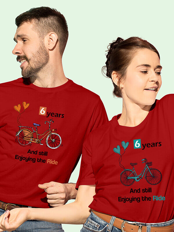 Custom Anniversary Still Enjoying The Ride Couples T Shirt Red Color