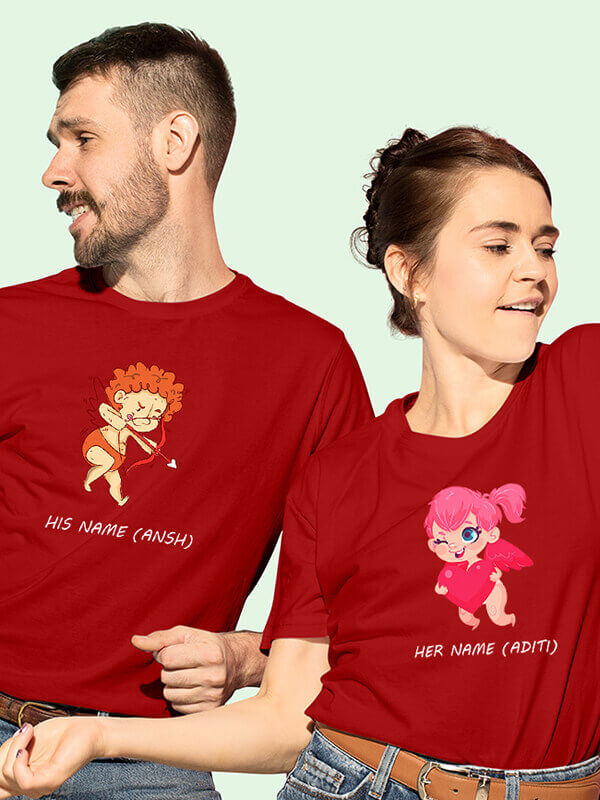 Custom Cupid Shooting Arrow Couples T Shirt Red Color