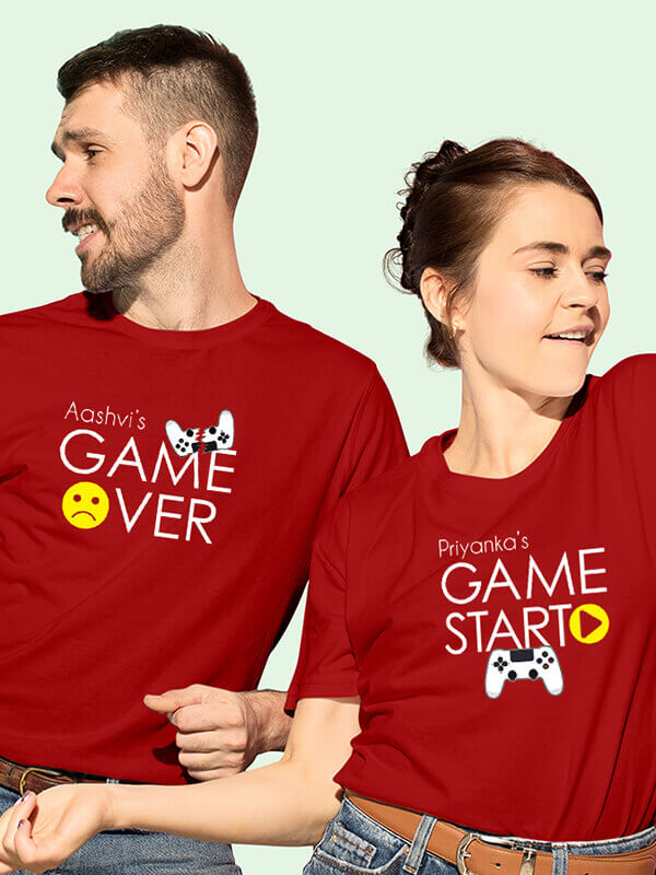 Custom Game Start Game Over Theme with Name On Red Color Customized Couple T-Shirt