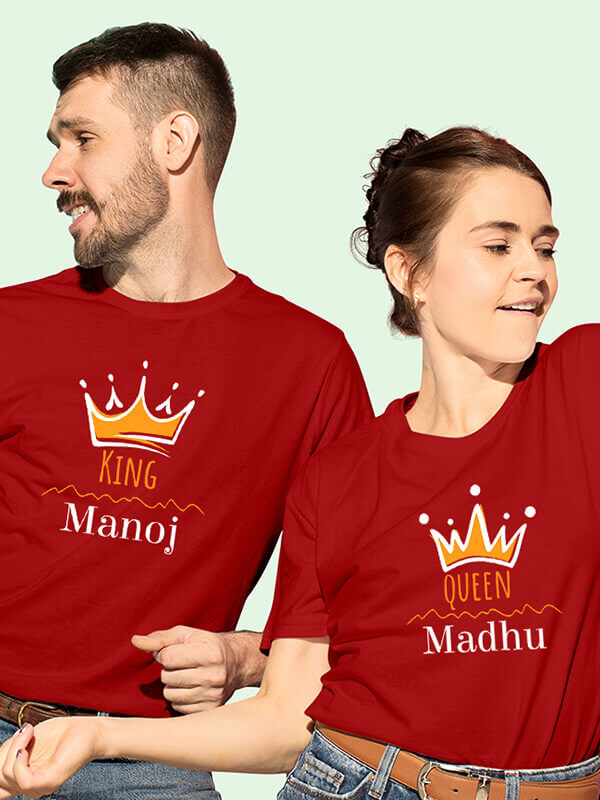 Custom Queen and King with Couple Name On Red Color Customized Couple Tshirt