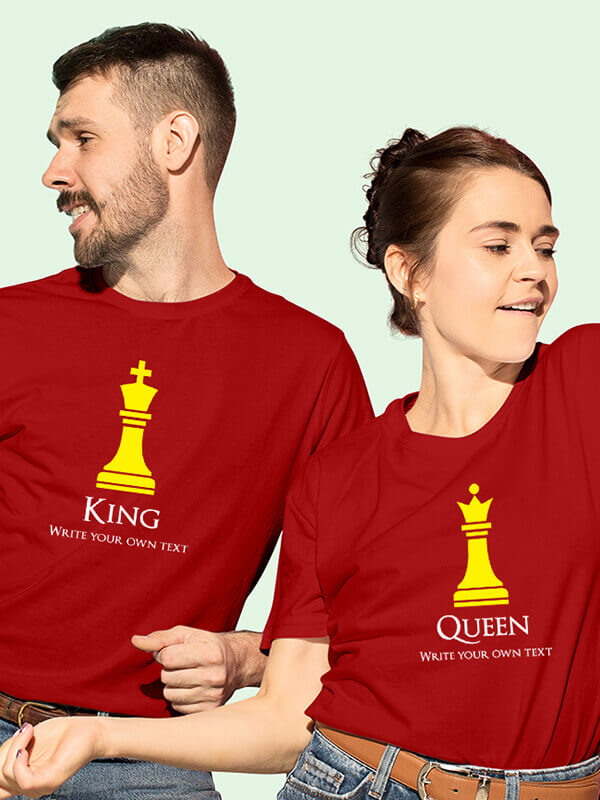 Custom King and Queen Chess Theme On Red Color Couple T-shirts For Men & Women